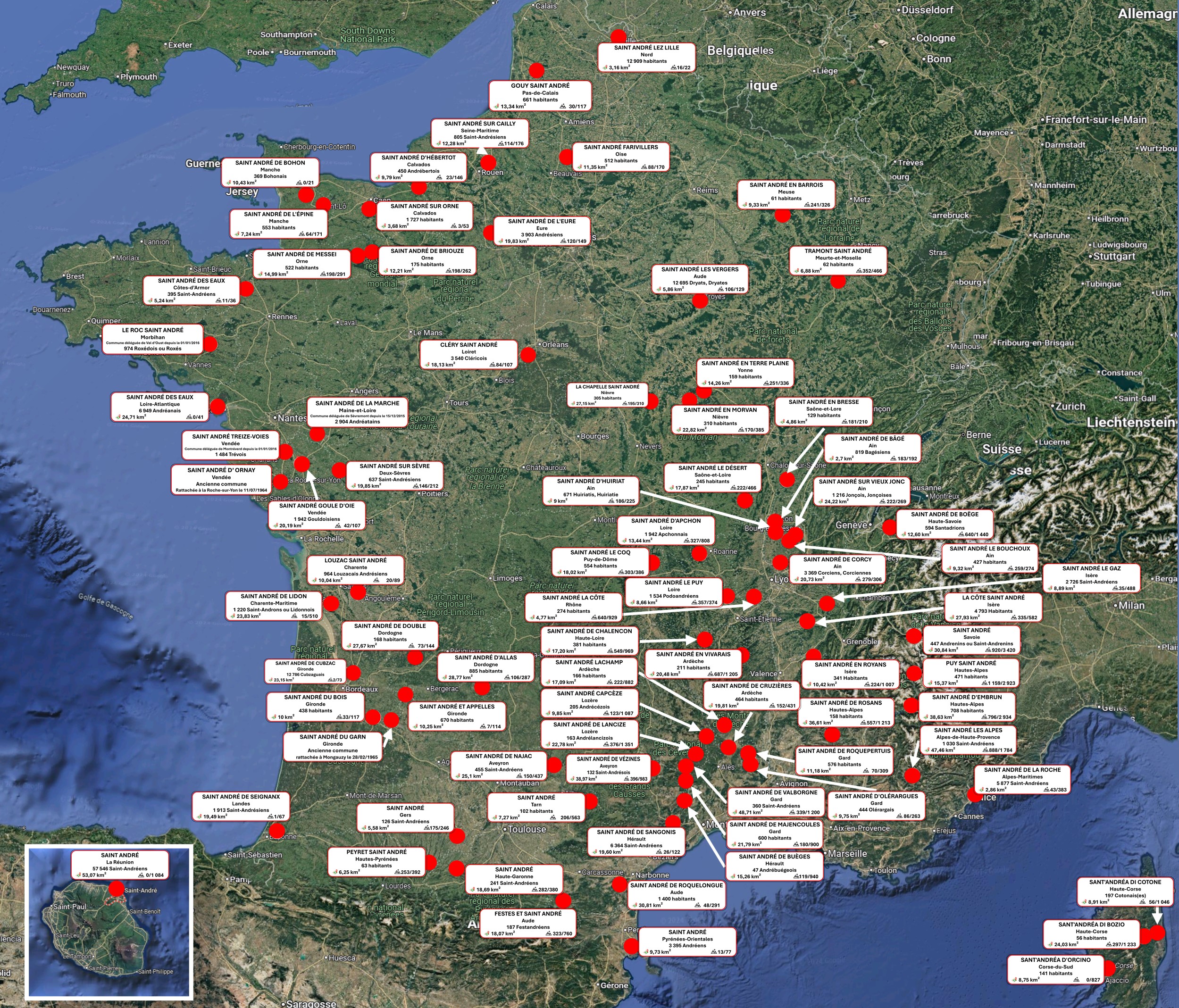 Carte de France montrant l’ensemble des communes Saint André